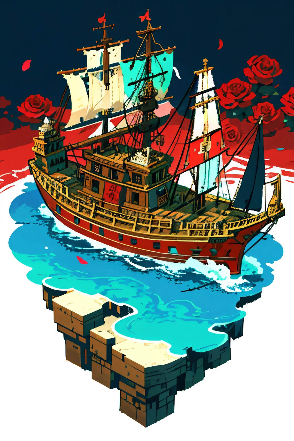 Guardian Tales Pirate Captain, adorned with a majestic red rose as his emblem, stands boldly on the deck of his ship under the warm glow of the setting sun. The crimson rose, its petals unfurled in full bloom, contrasts beautifully against the captain's weather-beaten leather jacket and the rich, dark wood of the ship. The sea is a vibrant tapestry of azure and turquoise, dotted with the white sails of other ships, each trying to outmaneuver the formidable pirate vessel.
The image is a true masterpiece, capturing the essence of adventure and romance that is synonymous with the high seas.
