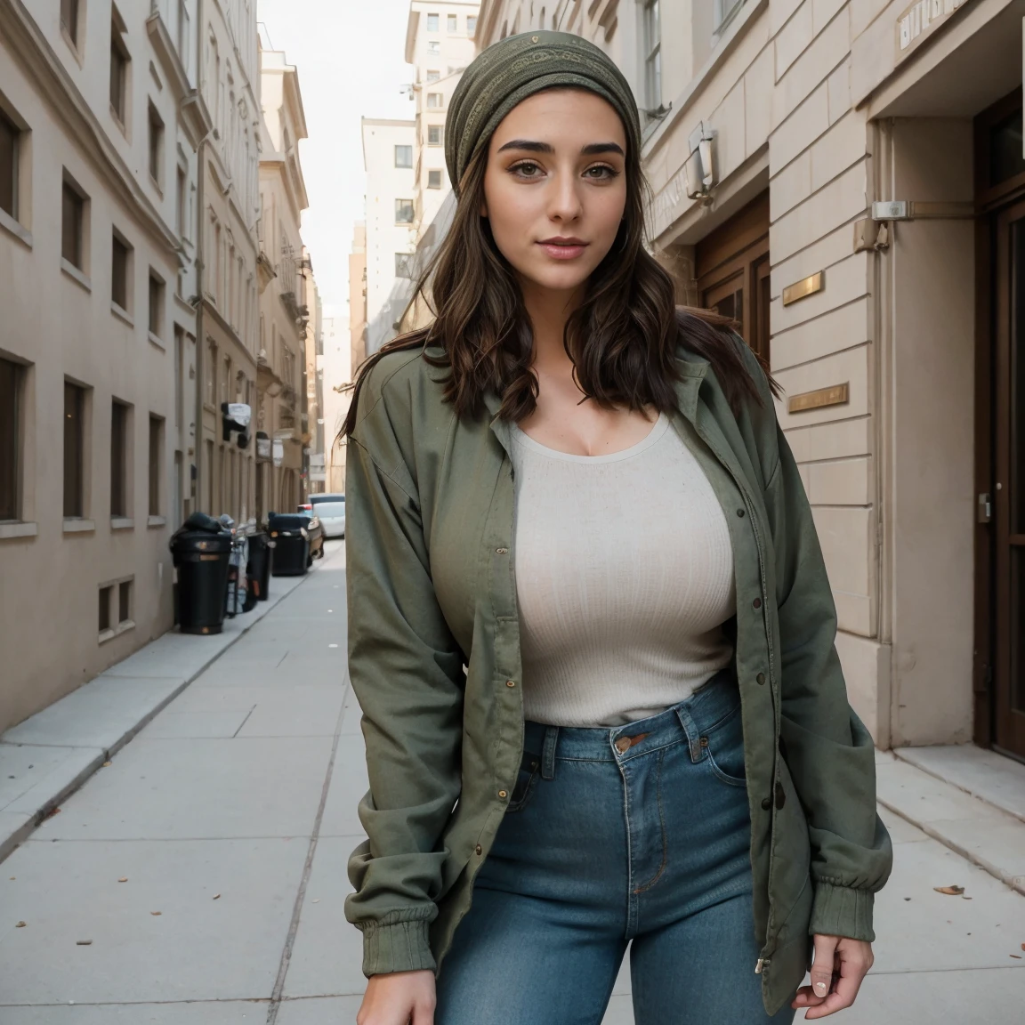 Extremely busty thin and toned brunette photographer, college girl, fair skin, loose single side sweep, soft face, athletic, bandana babushka headwrap, tight olive green casual windbreaker, skinny jeans. standing in front of her apartment building, outdoors, city, camera bag, cleavage