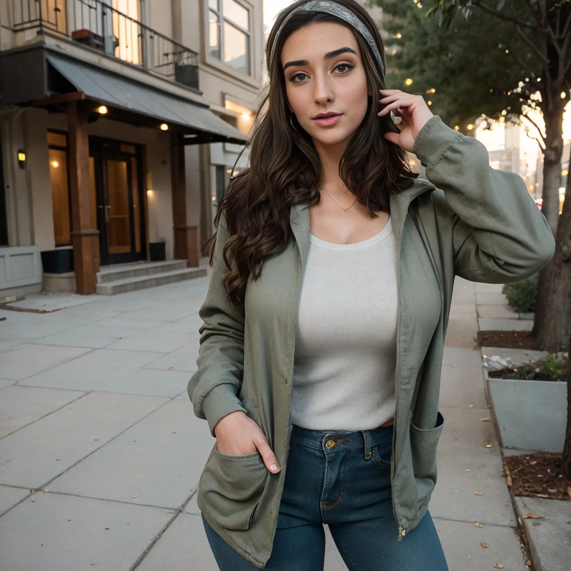 Extremely busty thin and toned brunette photographer, college girl, fair skin, loose single side sweep, soft face, athletic, bandana babushka headwrap, tight olive green casual windbreaker, skinny jeans. standing in front of her apartment building, outdoors, city, camera bag, cleavage