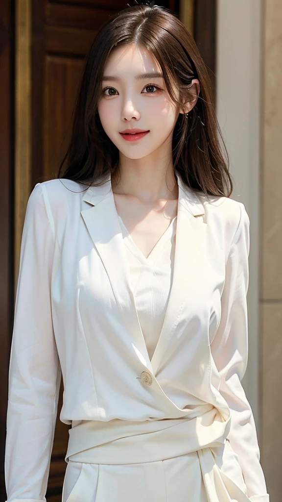 ((masterpiece: 1.4, best quality))+,(ultra detail)+, official art, unity 8k wallpaper, ultra detail, beautiful, high quality, Highlight your cute face, masterpiece, best quality, medium length straight hair, (brown eyes, brown hair), bust, looking straight ahead, laugh, (White blouse & black suit :1.4)