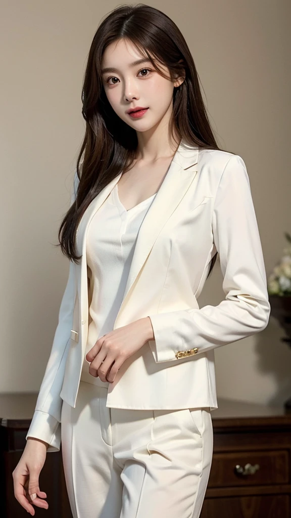 ((masterpiece: 1.4, best quality))+,(ultra detail)+, official art, unity 8k wallpaper, ultra detail, beautiful, high quality, Highlight your cute face,  masterpiece, best quality, medium length straight hair, (brown eyes, brown hair), bust, looking straight ahead, laugh, (White blouse & black suit :1.4)