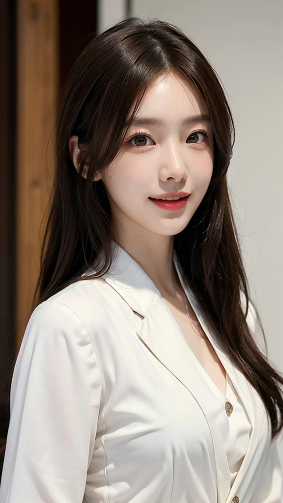((masterpiece: 1.4, best quality))+,(ultra detail)+, official art, unity 8k wallpaper, ultra detail, beautiful, high quality, Highlight your cute face,  masterpiece, best quality, medium length straight hair, (brown eyes, brown hair), bust, looking straight ahead, laugh, (White blouse & black suit :1.4)
