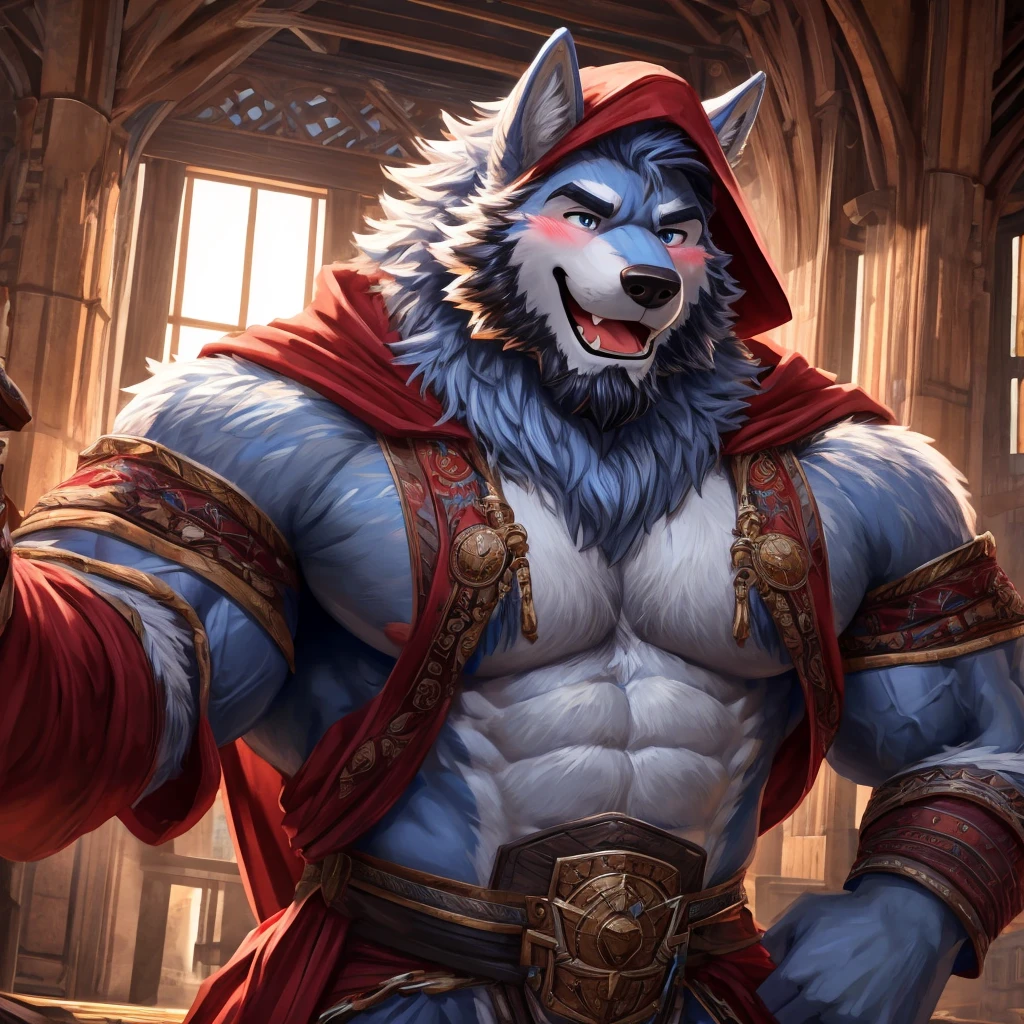 ((best quality)), ((masterpiece)), (Ultra detailed), ((4k)) , Solo , Furry , Anthro , Wolf , Light Blue And Red Fur, Middle Ages , Beard , Muscle , Good Looking , Handsome , Having Fun , Blush , Laugh