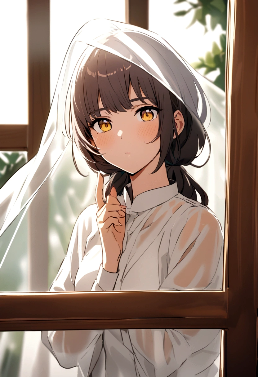 candid photo of a (persian) girl , yellow eyes , with a transparent sheet covering it