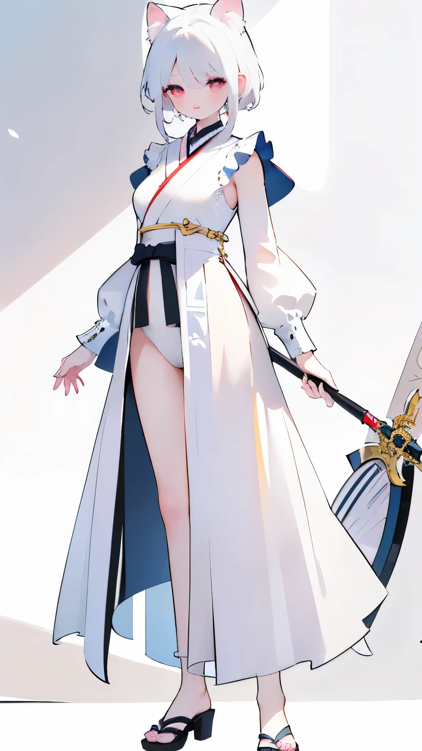 Tsundere 18 year old girl, beautiful and delicate eyes, beautiful lips, very detailed 눈과 얼굴, long eyelashes, 1girl, white cat ears, foot long bag, Front view, Red-eye, (top quality, 4K, 8K, high resolution, masterpiece:1.2), very detailed, (realistic인, realistic인, realistic인, realistic인, realistic: 1.37), very large breasts, Scythe, elegant, fantasy, white background,holding a weapon, traditional Japanese outfit, I can see my armpits, white hair