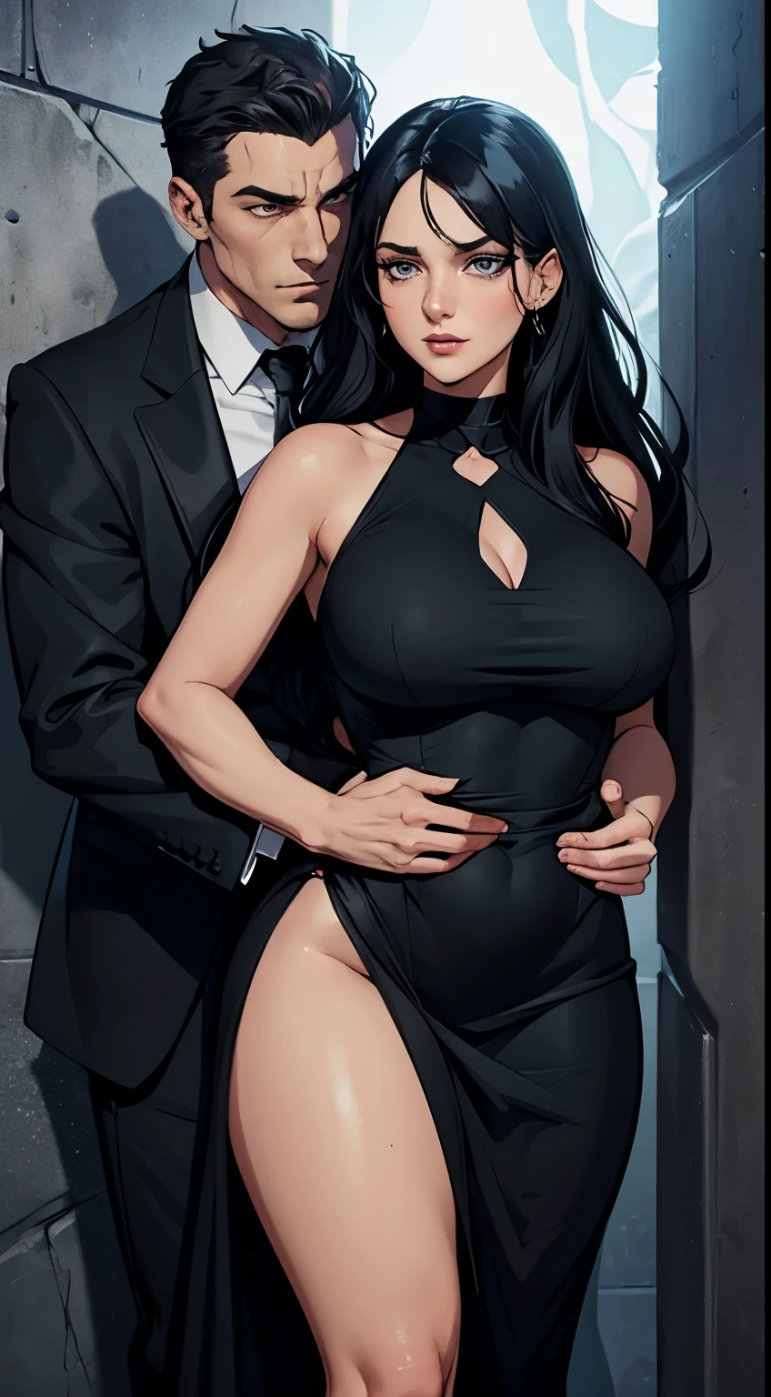 comics: a white woman with dark, wavy black hair, with a passionate look wearing a tight black dress hugging her curves.

The woman looks at a man who is leaning against the wall wearing a black dress shirt and black dress pants while smoking, his possessive hands are on the woman&#39;s waist.

The setting is at night where it is a dark forest.

He looks at the woman with a possessive look Book cover
 