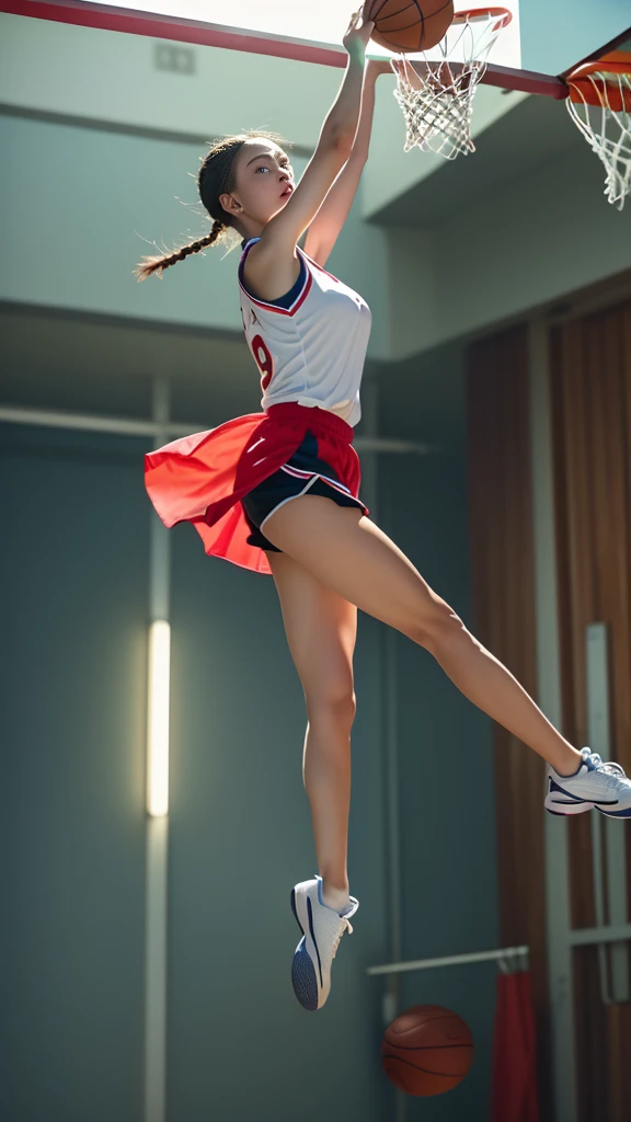 Highest quality、High resolution、Detailed Background、Beautiful Face、High detail、(Perfect Anatomy, Perfect Style)、(Detailed facial expressions)、(fine grain:1.2)、age Beauty、(very wide shot:1.5, full body:1.4), One Girl、, Cute black hair、Braided Bob, Braided, clear, deep blue eyes、Braided Ponytail, Braided bob cut, Basketball game in the gym, jumping:1.5, dunking:1.5, brake, Incredible jumping ability:1.5, Suspended in the air in a shooting position:1.5, Incredible jumping power and long flight times, ((aerial view:1.5, shoot from behind:1.5, looking away)), (Bright red basketball uniform:1.5, White Line、Same color above and below, No sleeve:1.5, Shorts, High-cut basketball shoes)、(armpit:1.2), ((large breasts:1.2, pointy breasts:1.2, high breasts:1.2)), Throw a basketball held above your head into the top of the goal, Dunk Shot、The goal ring is 3m above the ground.