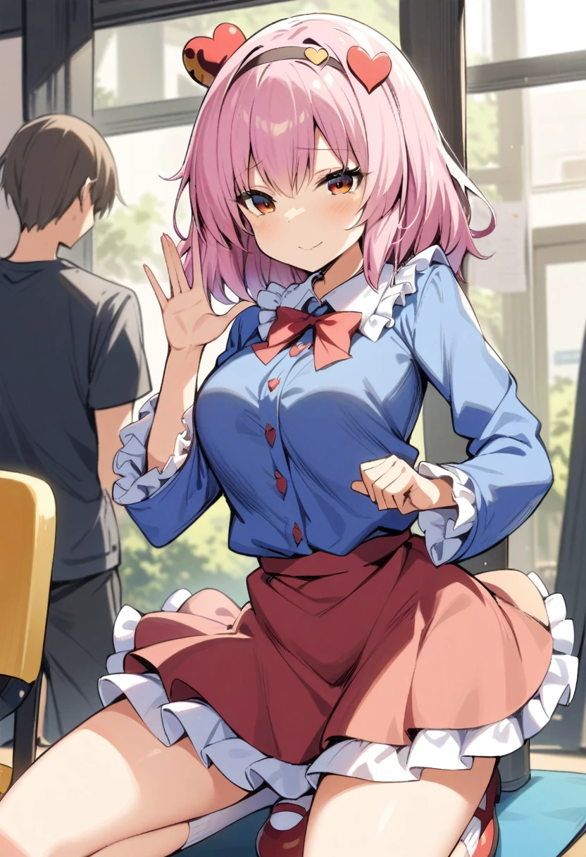 masterpiece, best quality, very aesthetic, absurdres,1girl, ,komeiji_satori(touhou), pink_hair, hairband, heart_hair_ornament, blouse, blue_shirt, heart_buttons, frilled_shirt_collar, frilled_sleeves, frills, long_sleeves, wide_sleeves, pink_skirt, mary_janes, white_socks, red_footwear,cunnilingus_gesture,in gym,floating_clothes