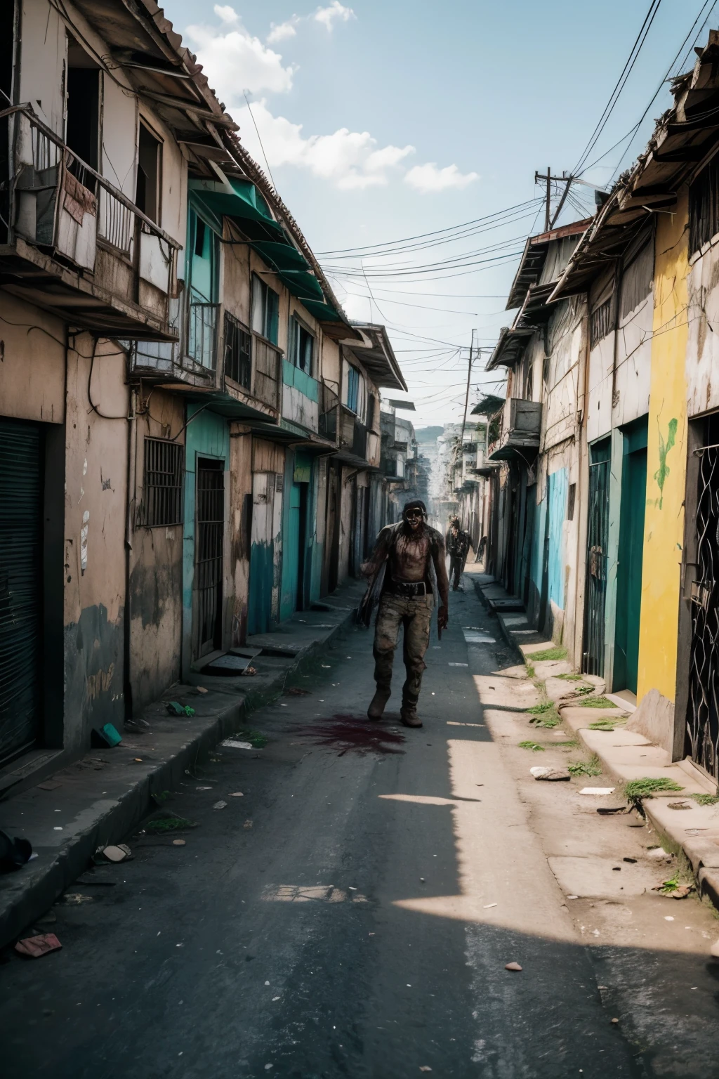 Create the image of a zombie apocalypse in the favelas of Brazil