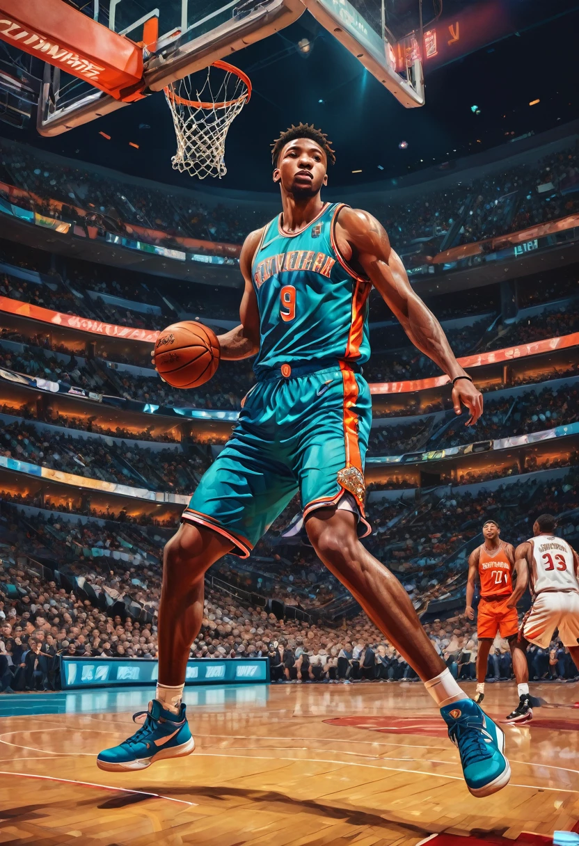 Athlete dressed, Slam Dunk, full body, cinematic still, cinemascope, best quality, masterpiece, very aesthetic, perfect composition, intricate details, ultra-detailed, vivid colors