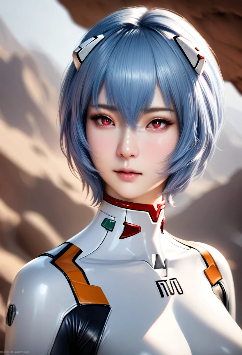 animetoreal,soft light, masterpiece, best quality,high quality,delicate face, realistic,photorealistic,1girl,,Ayanami Rei,white bodysuit,red eyes,pilot suit,short hair,blue hair,bangs,interface headset,turtleneck,hair between eyes,in the mountain,blur background,background defocus