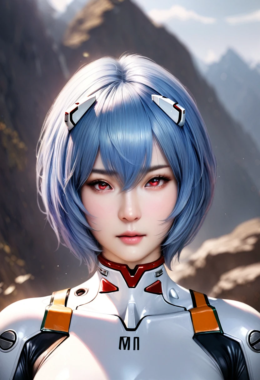 animetoreal,soft light, masterpiece, best quality,high quality,delicate face, realistic,photorealistic,1girl,,Ayanami Rei,white bodysuit,red eyes,pilot suit,short hair,blue hair,bangs,interface headset,turtleneck,hair between eyes,in the mountain,blur background,background defocus
