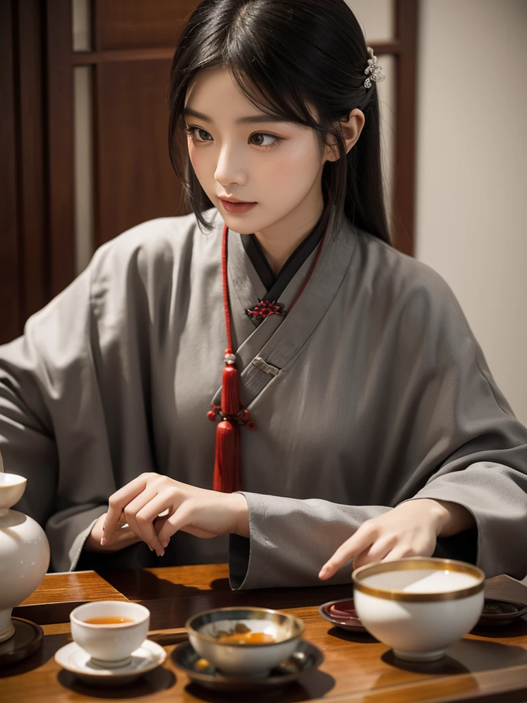 With the blurred gray-black Chinese-style study as the background，Long tea table、cup，Close shot，Create an atmosphere with profound cultural heritage，The layering and classical charm of the picture。
