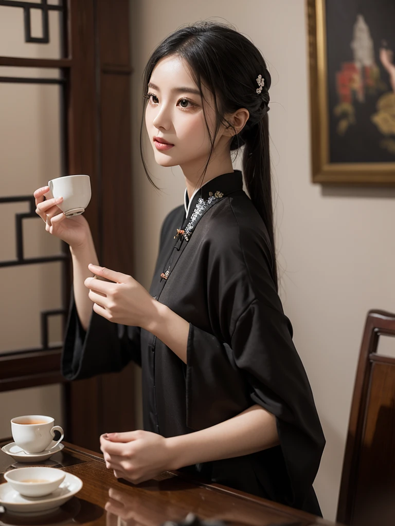 With the blurred gray-black Chinese-style study as the background,Long tea table、cup,Close shot,Create an atmosphere with profound cultural heritage,The layering and classical charm of the picture。