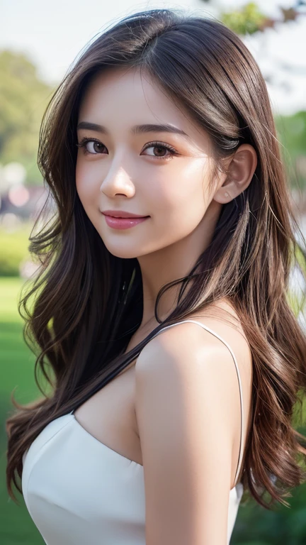 teenage girl, long wavy dark hair, perfect body, perfect anatomy, detailed anatomy, a little smile on her face, cute girl, gorgeous, pretty, chubby cheeks, she wears black-white dress, beautiful dress, beautiful and perfect body ratio, edelweiss garden background, (best quality,4k,8k,highres,masterpiece:1.2),ultra-detailed,(realistic,photorealistic,photo-realistic:1.37),HDR,UHD,studio lighting,ultra-fine painting,sharp focus,physically-based rendering,extreme detail description,professional,vivid colors,bokeh,portraits