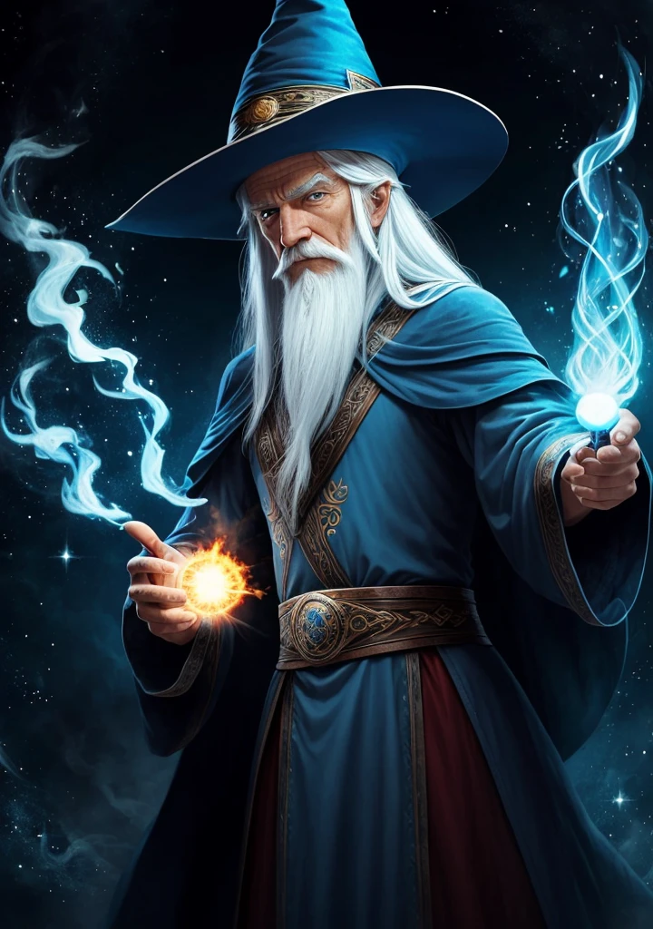 old wizard, blue colored eyes, long white hair, Pointy hat, magician clothing, holding a fireball in his hand