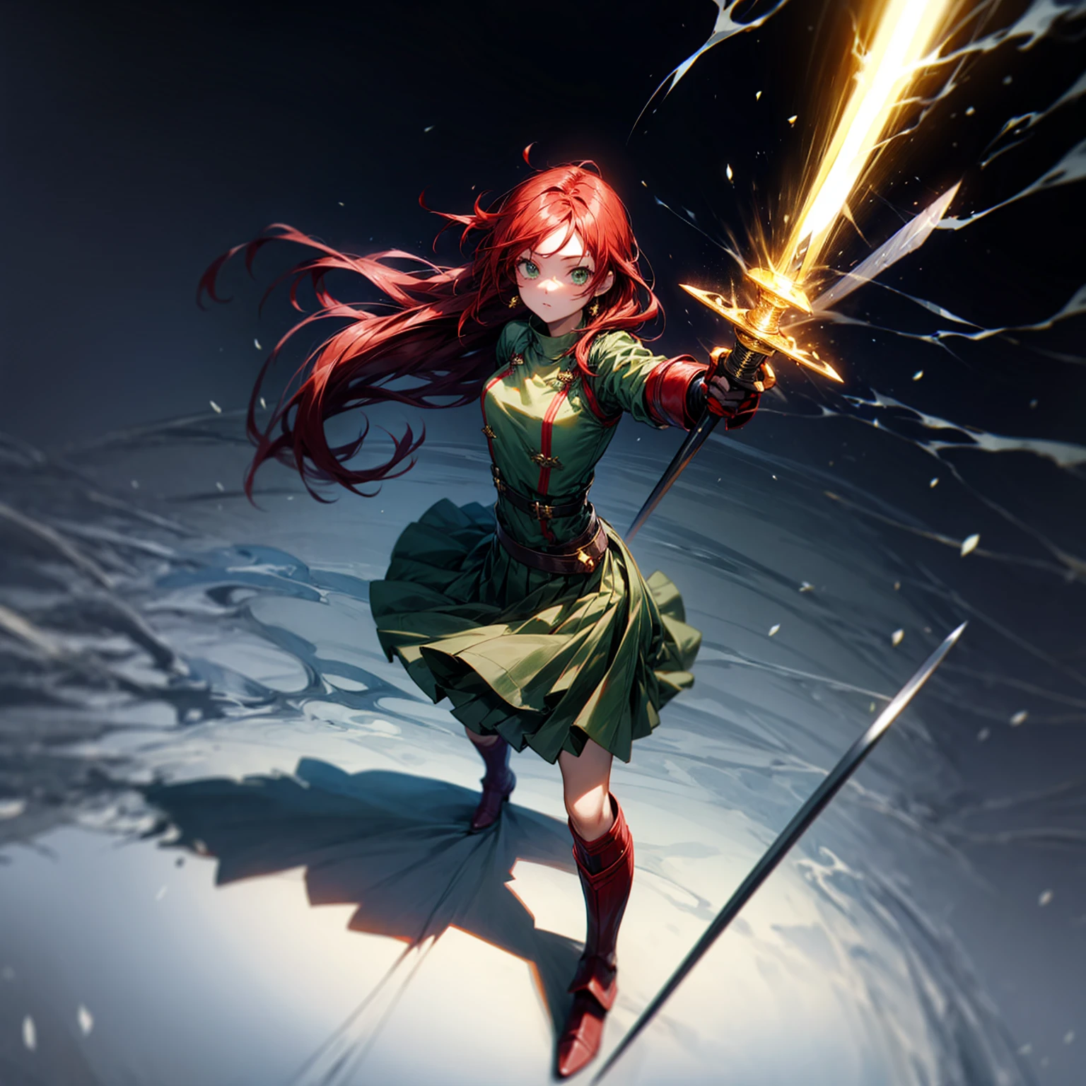 1girl, Full body version, 1character, character is girl, green eyes color, long hairstyle, red colour hair, soldier style clothing, Long skirt, long socks, long boots, red earrings, two gold sword in two hand, full armors in body, full background, Grassroots, background in town, motion blur, shadow, standing gesture, sword emits a black aura, smoke, blue fire, lighting sword, lighting hologram, satan, lighting blue fire 
