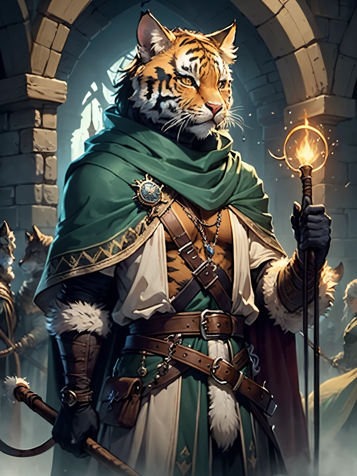 a male Tabaxi from the world of dungeons and dragons thats looks like a tiger, They possess medieval clothing, are in possession of a whip, grey fur with black stripes, rogue, adventurer, furry, anthro, cloak, holding a whip, black whip, leather clothing, thief, bull whip, using the whip, whipping.