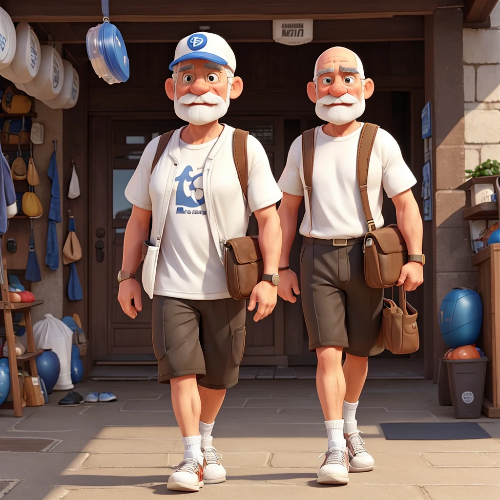 naughty man, 70 years old, in a cap, walking shoes, bald hair, white and carrying plastic bags, leave only the mustache and more gym clothes