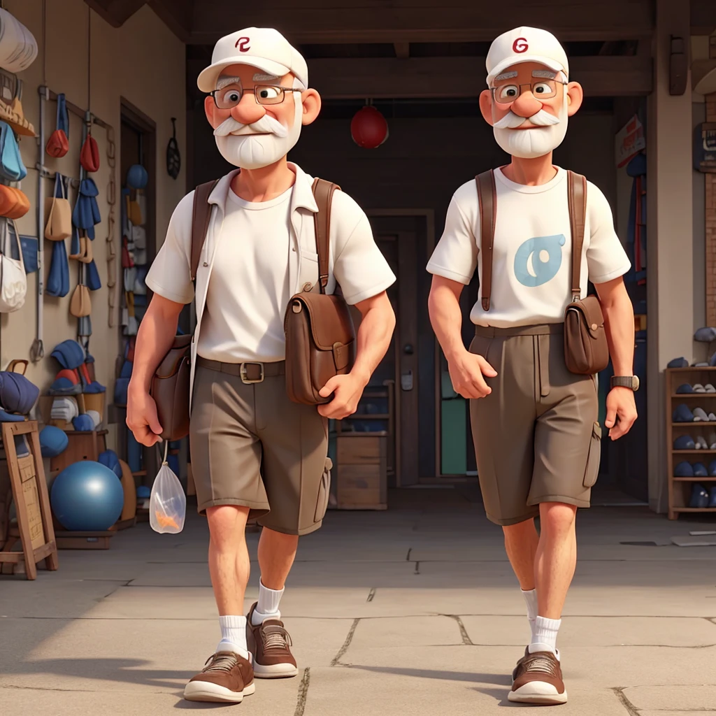 naughty man, 70 years old, in a cap, walking shoes, bald hair, white and carrying plastic bags, leave only the mustache and more gym clothes