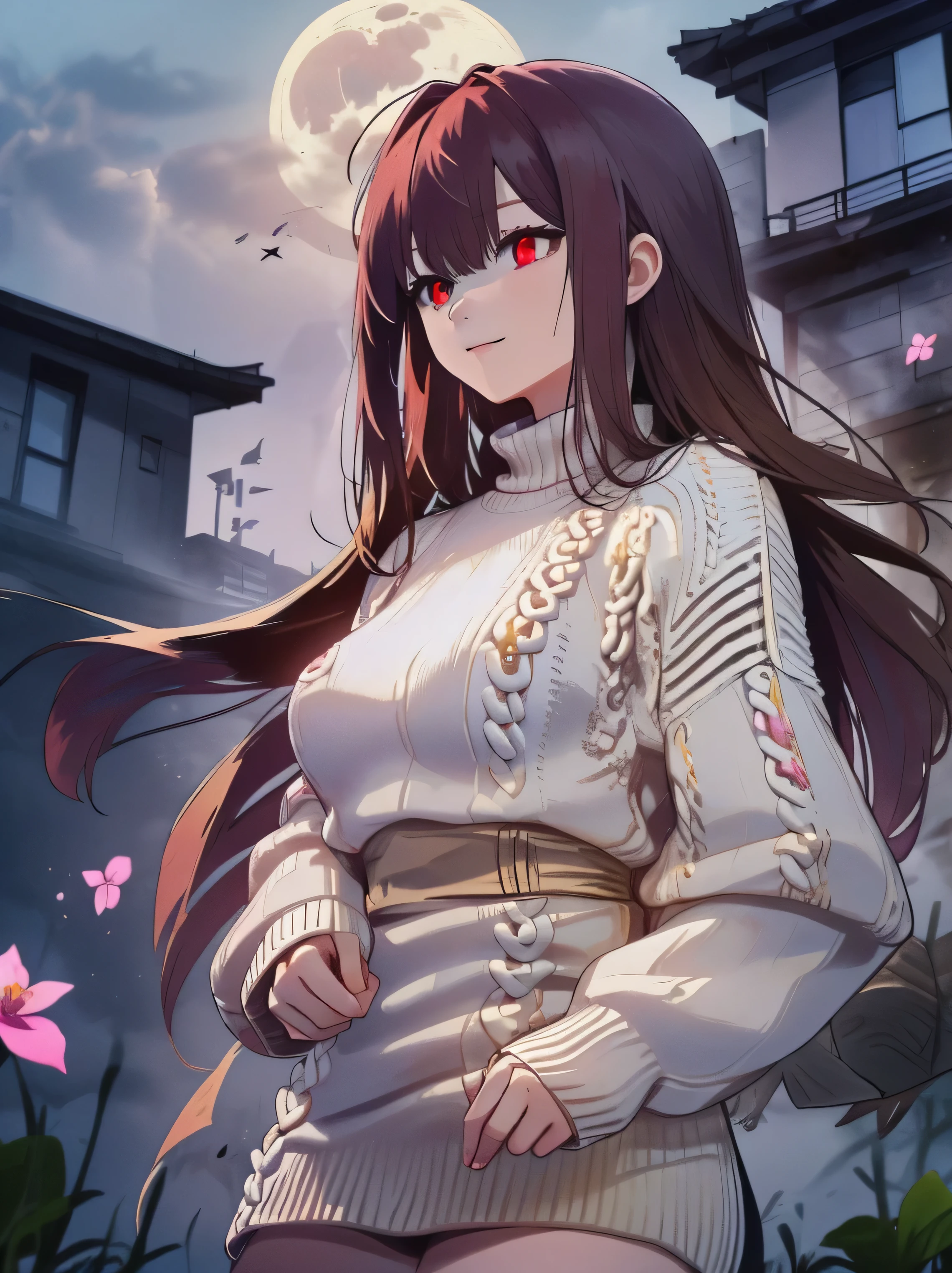 ((absurdres)), hd, uhd, (((HDR))), ((best quality)), (ultra high quality), (hi-res), (portrait), ((1girl)), solo, alone, ((adult, woman)), scathach, waist length hair, hair at waist, ((maroon hair)), ((violet colored inner hair)), (red eyes:1.5), ((large breasts)), long sleeves, ribbed sweater, turtleneck sweater dress, (white sweater mini dress:1.5), lips slightly parted, (slight smile), stern expression, ((looking down at viewer)), chin up, ((dynamic)), confident, japan, outside, buildings, standing in a city street, flower petals, night time, additional lighting, moon, city scenery, from below