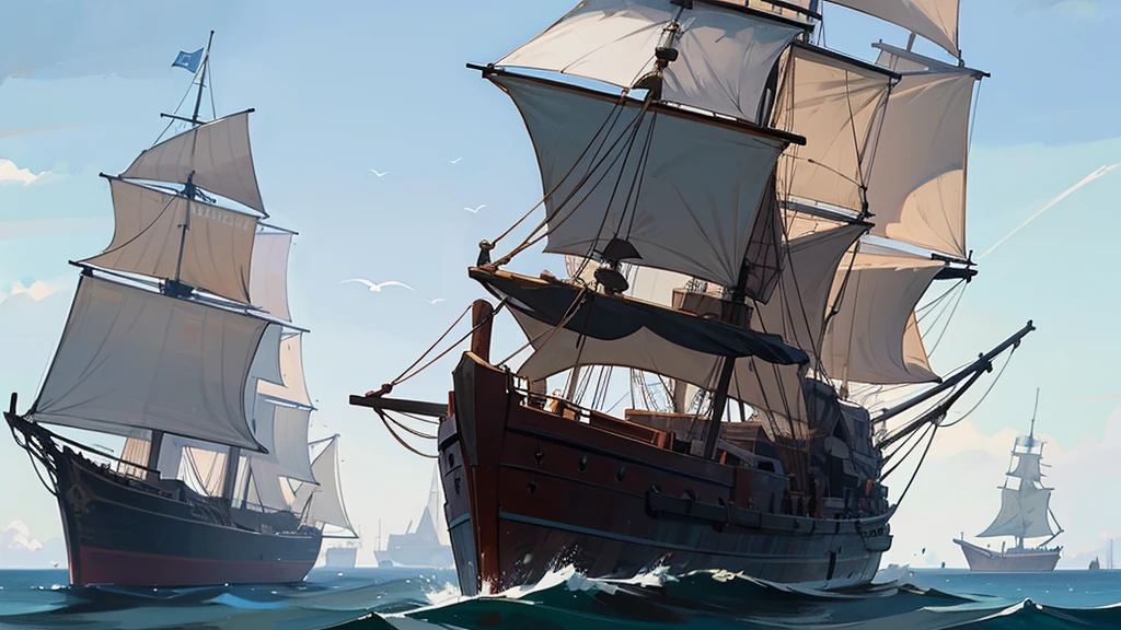 Ship, Medieval ship, Galeon, Sailing ship, open sea, clear sky, painting, one ship,