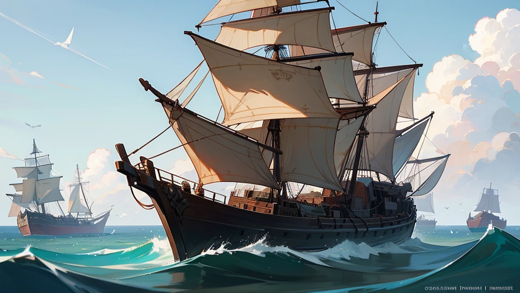 Ship, Medieval ship, Galeon, Sailing ship, open sea, clear sky, painting, one ship,