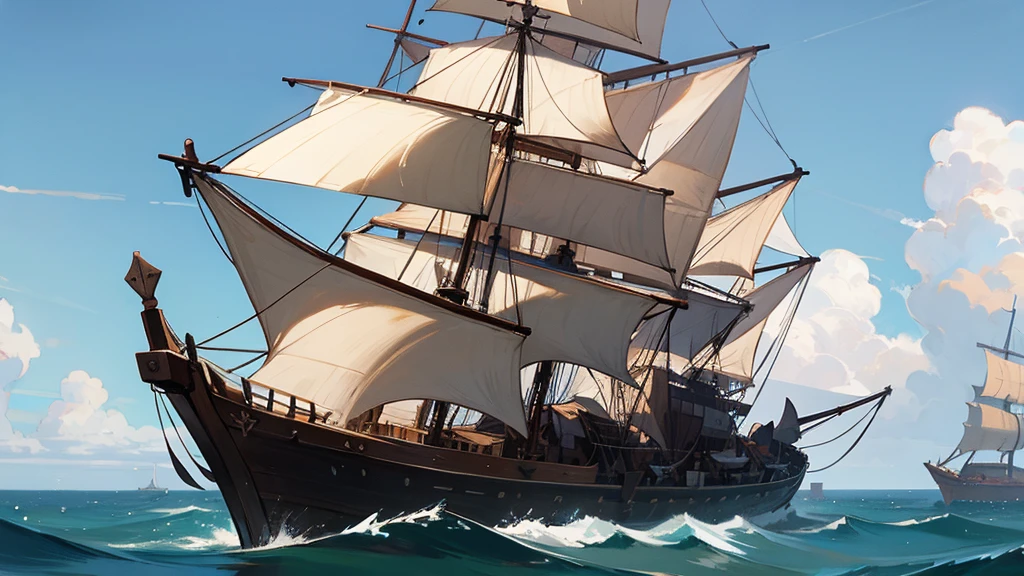 Ship, Medieval ship, Galeon, Sailing ship, open sea, clear sky, painting, one ship,