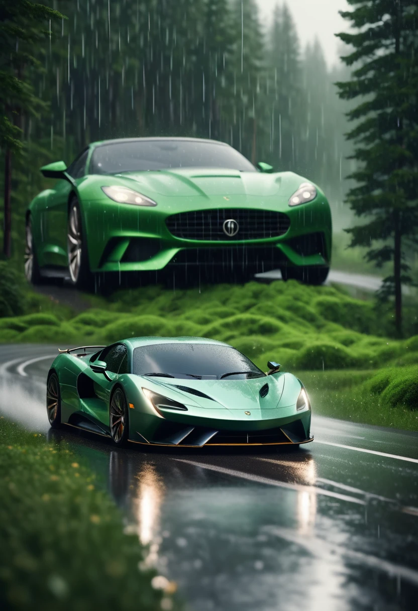 a landscape on a road with forest, luxury sports car, Raining, with the symbol 1% Background, 4K quality, realist