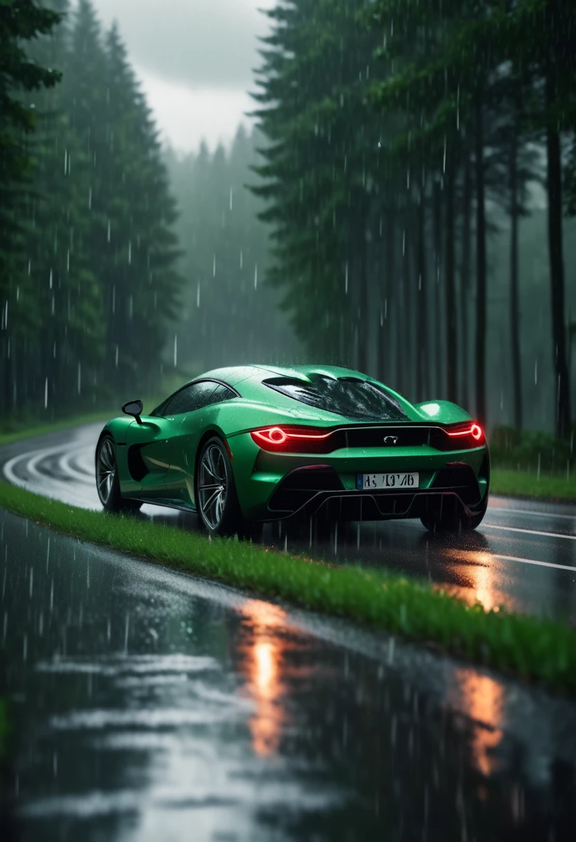 a landscape on a road with forest, luxury sports car, Raining, with the symbol 1% Background, 4K quality, realist