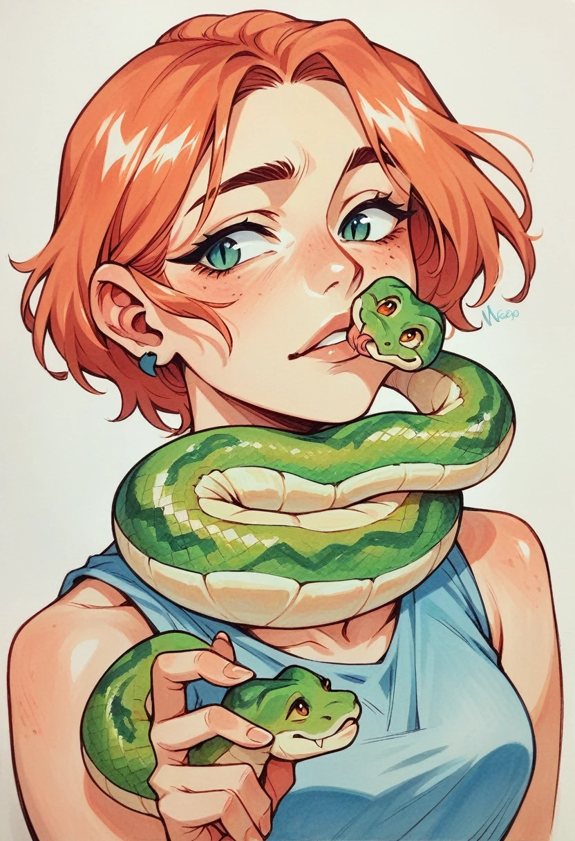 Human  playing with a snake, neotraditional illustration 