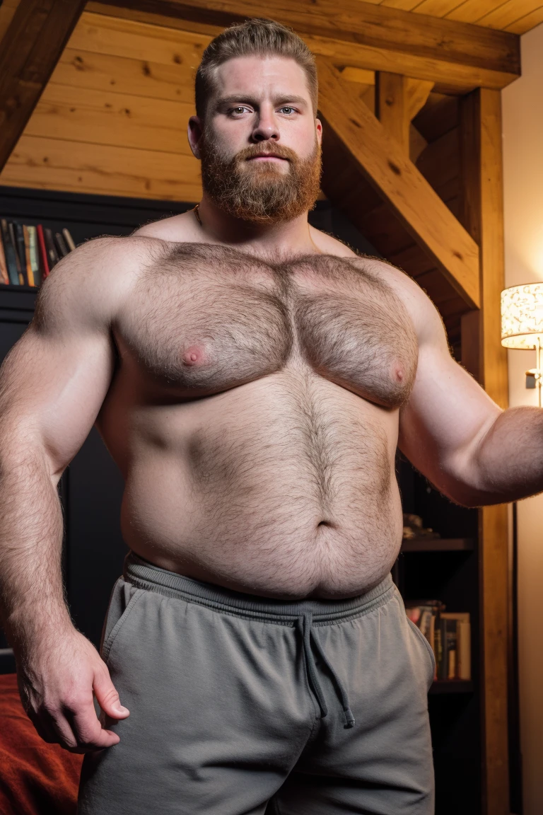 8K HDR Very Realistic Real Very Detailed High Quality 8K HDR Very Realistic 47 year old daddy rugged bodybuilder muscle bears man, 8KHDR very realistic detailed hairy, 8KHDR very realistic beared big ginger daddy muscle bear,  and 8KHDR very realistic detailed rugged burly man in shorts with bulge. 8KHDR Very Realistic legs, 8KHDR very realistic hair, 8KHDR very realistic beards, 8KHDR very realistic thick chubby fat neck, 8KHDR very realistic neck lines, 8KHDR very realistic detailed neck, 8KHDR very realistic belly, 8KHDR very realistic burly chest, 8KHDR very realistic detailed hairy burly strong chest and arms, 8KHDR very realistic detailed hairy burly strong chest and arms, 8KHDR very realistic pecs, 8KHDR very realistic burly muscle bear body, 8KHDR very realistic nipples, 8KHDR very realistic burly muscle bear body, 8KHDR very realistic face, 8KHDR very realistic detailed face, 8KHDR very realistic eyes, 8KHDR very realistic detailed eyes, 8KHDR very realistic pupils, 8KHDR very realistic detailed pupils, 8KHDR very realistic head, 8KHDR very realistic waist, 8KHDR very realistic facial features, 8KHDR very realistic burly arms, 8KHDR very realistic elbows, 8KHDR very realistic hands, 8KHDR very realistic pecs, 8KHDR very realistic belly, 8KHDR very realistic human man body, 8K HDR very realistic bellybutton, 8KHDR very realistic wrists, 8KHDR very realistic fingers, 8KHDR very realistic fingernails, 8KHDR very realistic shoulders, 8KHDR very realistic mouth, 8KHDR very realistic lips, 8KHDR very realistic mens clothing, 8KHDR very realistic detailed mens clothing. 8KHDR Very Realistic Hairy Bearded Burly Muscle bear Photoshoot, 8KHDR A very realistic burly muscle bear man in a bedroom,  8KHDR Very Realistic Intricately Detailed, 8KHDR very realistic detailed bedroom surroundings, 8KHDR very realistic surroundings lighting, No Deformities, captured with a 85mm lens, 8K HDR Very Realistic, 8K HDR Clear HDR Quality full with very realistic real details 