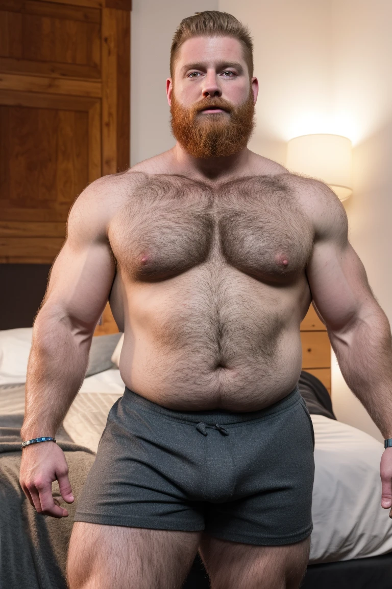 8K HDR Very Realistic Real Very Detailed High Quality 8K HDR Very Realistic 47 year old daddy rugged bodybuilder muscle bears man, 8KHDR very realistic detailed hairy, 8KHDR very realistic beared big ginger daddy muscle bear, and 8KHDR very realistic detailed rugged burly man in shorts with bulge. 8KHDR Very Realistic legs, 8KHDR very realistic hair, 8KHDR very realistic beards, 8KHDR very realistic thick chubby fat neck, 8KHDR very realistic neck lines, 8KHDR very realistic detailed neck, 8KHDR very realistic belly, 8KHDR very realistic burly chest, 8KHDR very realistic detailed hairy burly strong chest and arms, 8KHDR very realistic detailed hairy burly strong chest and arms, 8KHDR very realistic pecs, 8KHDR very realistic burly muscle bear body, 8KHDR very realistic nipples, 8KHDR very realistic burly muscle bear body, 8KHDR very realistic face, 8KHDR very realistic detailed face, 8KHDR very realistic eyes, 8KHDR very realistic detailed eyes, 8KHDR very realistic pupils, 8KHDR very realistic detailed pupils, 8KHDR very realistic head, 8KHDR very realistic waist, 8KHDR very realistic facial features, 8KHDR very realistic burly arms, 8KHDR very realistic elbows, 8KHDR very realistic hands, 8KHDR very realistic pecs, 8KHDR very realistic belly, 8KHDR very realistic human man body, 8K HDR very realistic bellybutton, 8KHDR very realistic wrists, 8KHDR very realistic fingers, 8KHDR very realistic fingernails, 8KHDR very realistic shoulders, 8KHDR very realistic mouth, 8KHDR very realistic lips, 8KHDR very realistic mens clothing, 8KHDR very realistic detailed mens clothing. 8KHDR Very Realistic Hairy Bearded Burly Muscle bear Photoshoot, 8KHDR A very realistic burly muscle bear man in a bedroom, 8KHDR Very Realistic Intricately Detailed, 8KHDR very realistic detailed bedroom surroundings, 8KHDR very realistic surroundings lighting, No Deformities, captured with a 85mm lens, 8K HDR Very Realistic, 8K HDR Clear HDR Quality full with very realistic real details