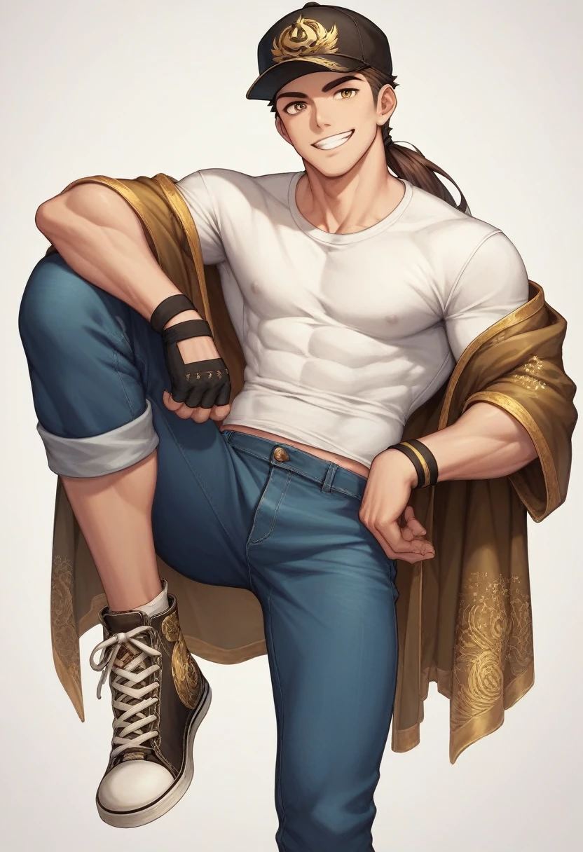 1 medium-tall 16-year-old male, anime style. Her hair is long with a ponytail and a long double shawl.. Wear a jockey hat with a "r" the day. His large eyes have a brown iris and pointed eyebrows., with a confident smile on his face.
Wear a green short-sleeved T-shirt with a simple design and alternating yellow and white pattern bars.. His pants are blue jeans with some white and yellow embroidery.. His shoes are converse-type sneakers between black and white.. Has black wristbands. He is not muscular, but it looks strong.