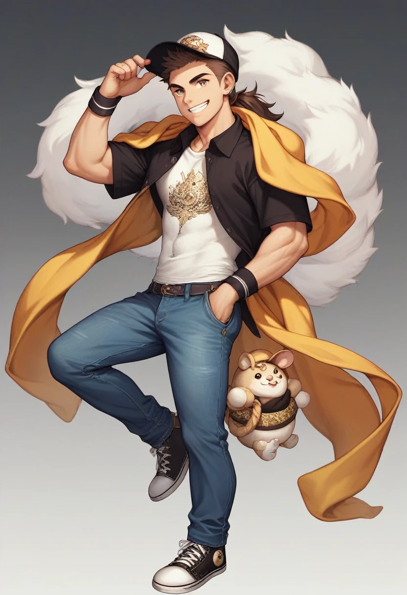 1 medium-tall 16-year-old male, anime style. Her hair is long with a ponytail and a long double shawl.. Wear a jockey hat with a "r" the day. His large eyes have a brown iris and pointed eyebrows., with a confident smile on his face.
Wear a green short-sleeved T-shirt with a simple design and alternating yellow and white pattern bars.. His pants are blue jeans with some white and yellow embroidery.. His shoes are converse-type sneakers between black and white.. Has black wristbands. He is not muscular, but it looks strong.