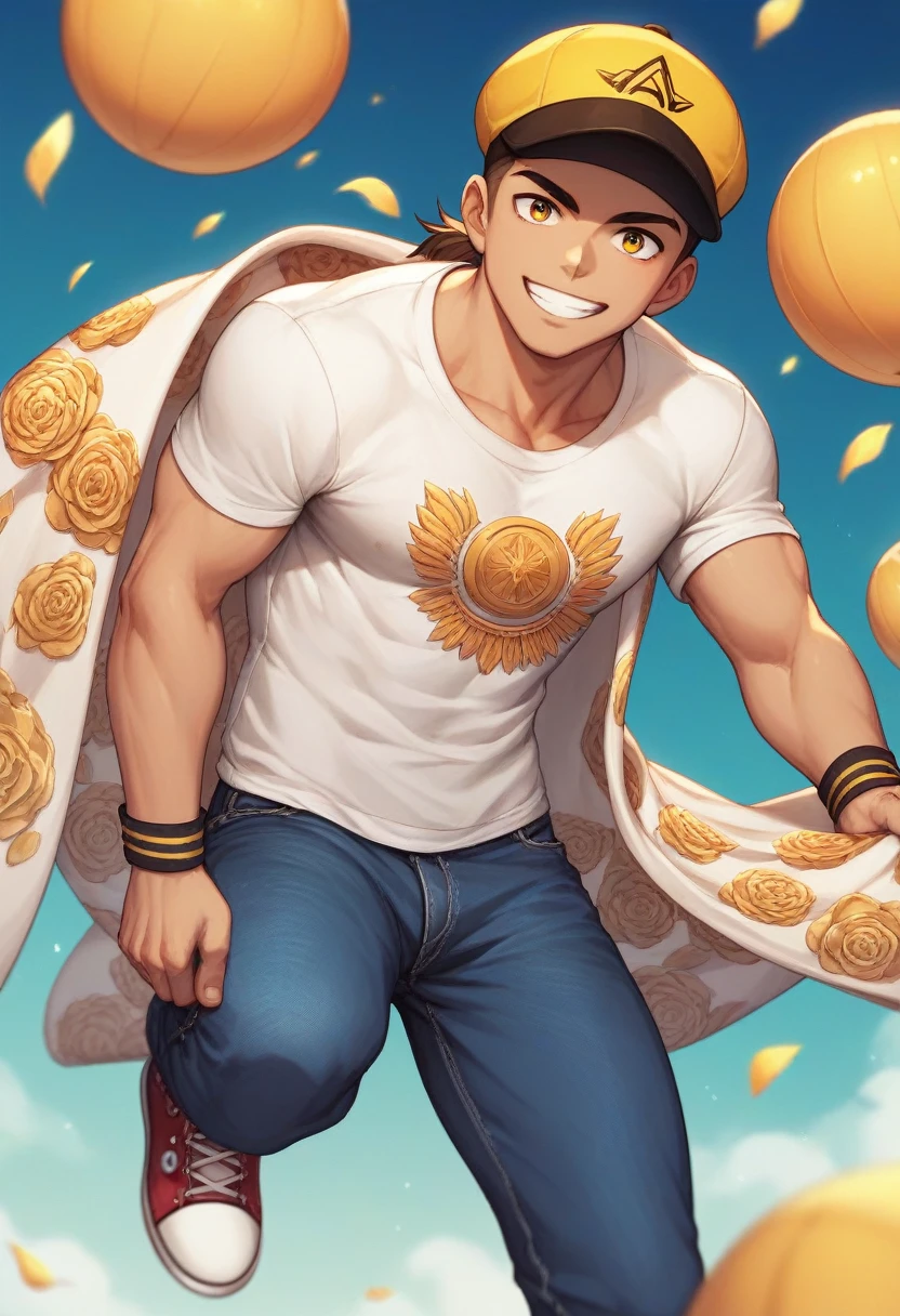 1 medium-tall 16-year-old male, anime style. Her hair is long with a ponytail and a long double shawl.. Wear a jockey hat with a "r" the day. His large eyes have a brown iris and pointed eyebrows., with a confident smile on his face.
Wear a green short-sleeved T-shirt with a simple design and alternating yellow and white pattern bars.. His pants are blue jeans with some white and yellow embroidery.. His shoes are converse-type sneakers between black and white.. Has black wristbands. He is not muscular, but it looks strong.