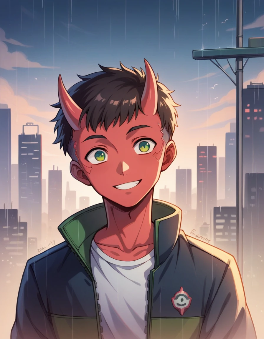 (masterpiece, beautiful, High resolution), figure, One boy, alone, (((Manga style: 1))), (Western cartoons), horned devil boy, Portraiture, smile, Black anime medium short hair, cute, Pink Lips, Red Eyes, Young people, Cyberpunk Streetwear, Rainy Sky, Cityscape, Red skin, View your viewers, Bright colors, Daytime, ((Positive: 3)), Mouth closed, Thick line drawing: 0.6, Red Eye, Green Eyes, Conceit, Narrow eyes