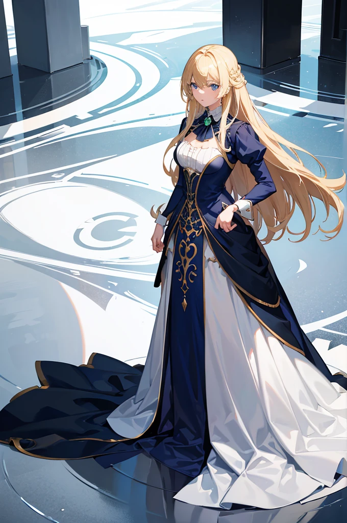 1woman, long hair, blonde hair, blue eyes, formal dress, standing on ground, high res, ultra sharp, 8K, masterpiece
