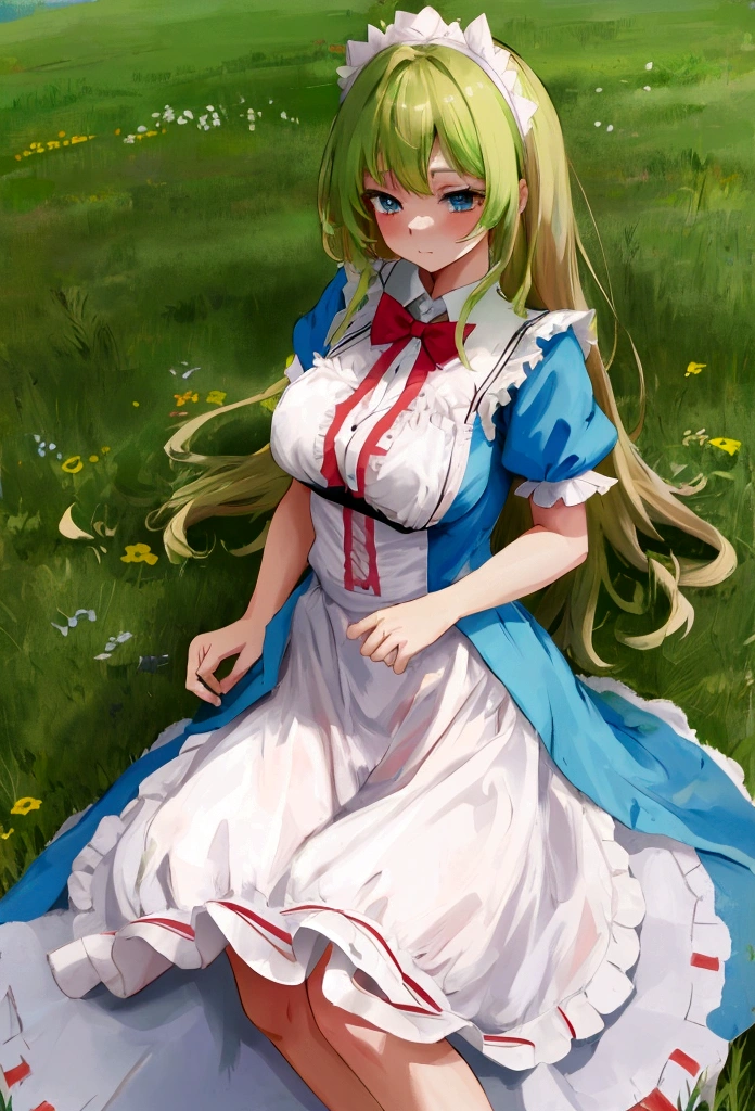 character Alice from Alice in Wonderland, playing in a meadow, with few clothes, sexy, Strong wind, Free hair, oppai, High quality image