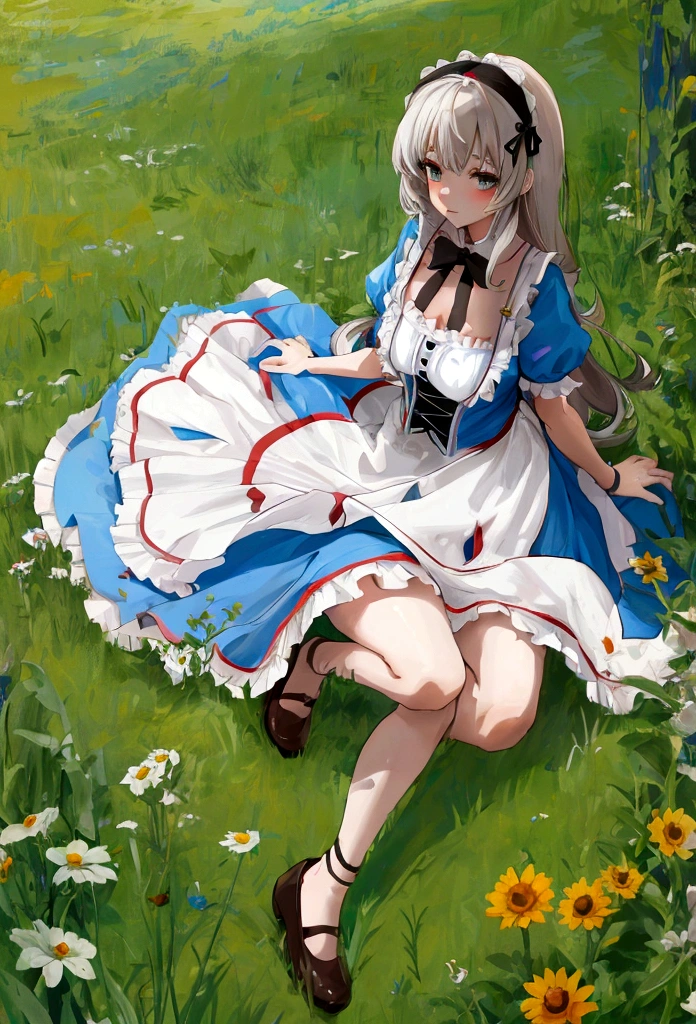 character Alice from Alice in Wonderland, playing in a meadow, with few clothes, sexy, Strong wind, Free hair, oppai, High quality image