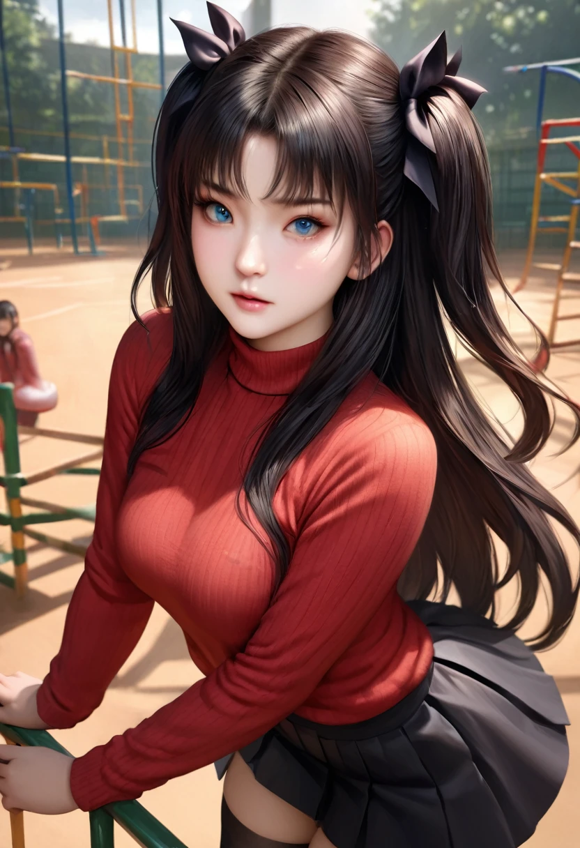 animetoreal,soft light, masterpiece, best quality,high quality,delicate face, realistic,photorealistic,1girl,,tohsaka_rin, fate/stay_night, fate_(series), 1girl, aqua_eyes, black_hair, two_side_up, long_hair,black hair_ribbon, cross_print,red_sweater,turtleneck_sweater, black_skirt, miniskirt, pleated_skirt, black_thighhighs,zettai_ryouiki,,in a playground,floating_clothes