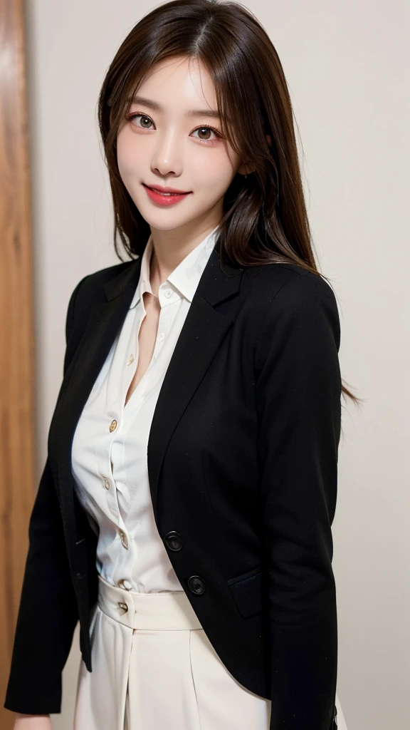 ((masterpiece: 1.4, best quality))+,(ultra detail)+, official art, unity 8k wallpaper, ultra detail, beautiful, high quality, Highlight your cute face, masterpiece, best quality, medium length straight hair, (brown eyes, brown hair), bust, looking straight ahead, laugh, (White blouse & Black color.blazer :1.4), colorful accessories, (lovely eyes:1.3)