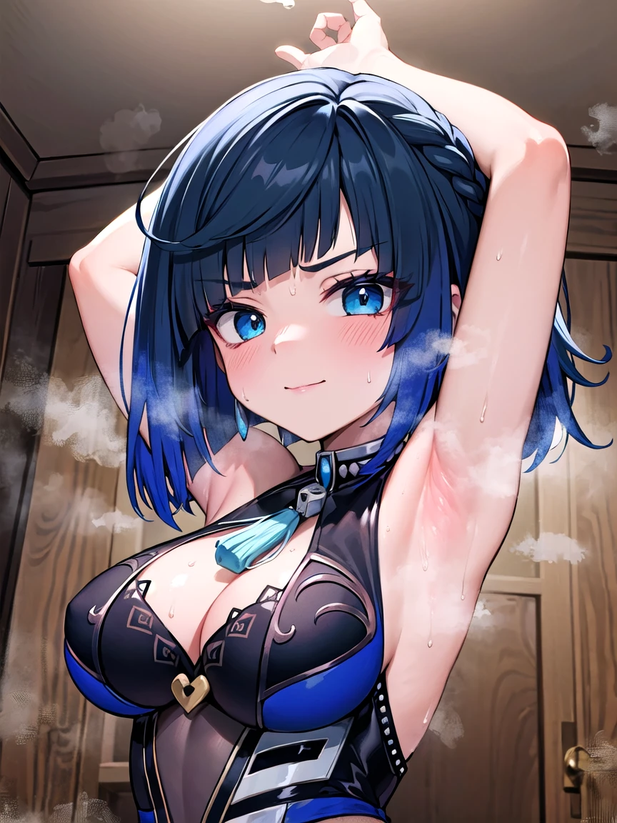 ((masterpiece, best quality)), high resolution,ultra detailed,8k,16k,detailed background, perfect lighting,detailed beautiful eyes, 1girl,solo,embarrassed,blush,in heat,look at viewer,face focus,(steam,sweat,from front,upper body:1.2),provocative eyes,naughty smile,fisheye lens,(show off armpits,arms up:1.3),
,curvy,pale skin,medium breast,Yelan hard
blue hair,blue eyes,bob hair,(anime style,colorful),