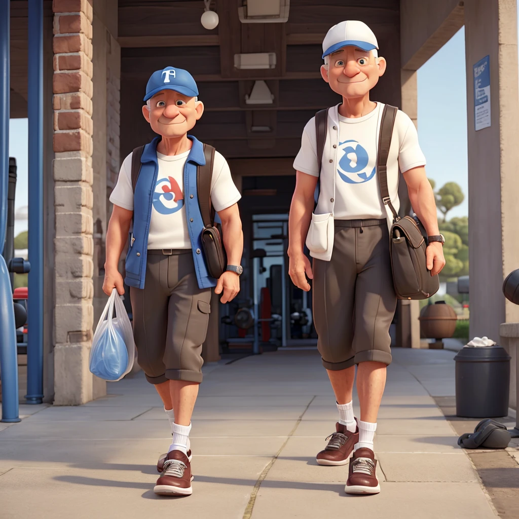 naughty man, 70 years old, in a cap, walking shoes, bald hair, white and carrying plastic bags, and more gym clothes