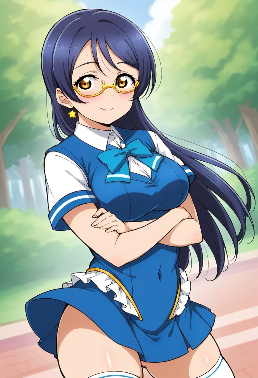 Masterpiece, best quality,alp artstyle,Solo, cowboy shot,Sonoda umi love live,(white and blue leotard), magical girl ,star glasses, earrings, thighhighs, breasts,outdoors,day, crossed arms,golden eyes,(blushing:1.2),mini skirt, side slit