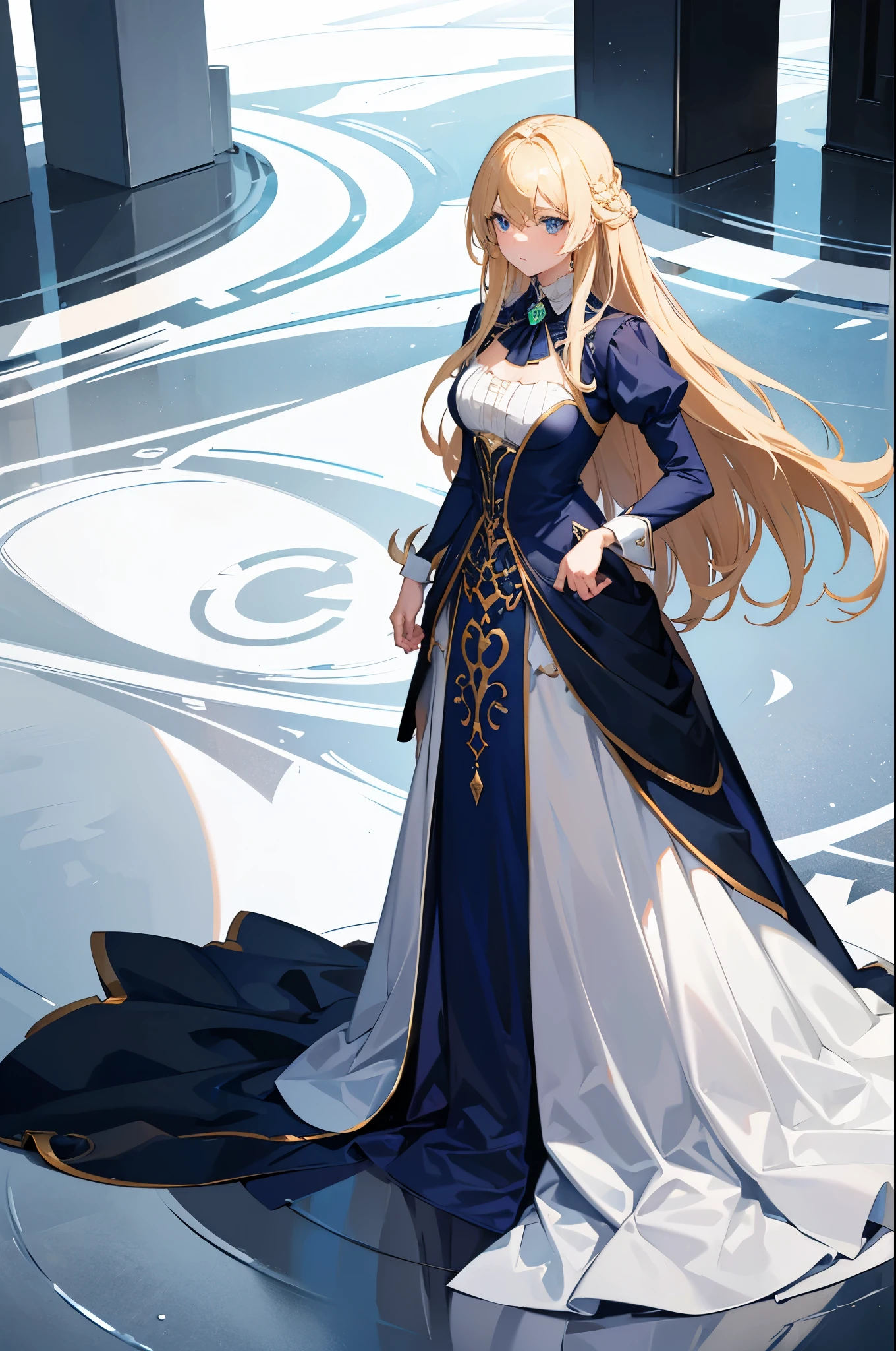 1woman, long hair, blonde hair, blue eyes, formal dress, standing on ground, high res, ultra sharp, 8K, masterpiece