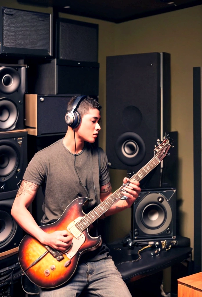 A young man is playing an acoustic guitar in a room that looks unkempt and messy, he wears big headphones in his ears, has short hair, (( stocky, muscular )), and has tattoos on his arms.
