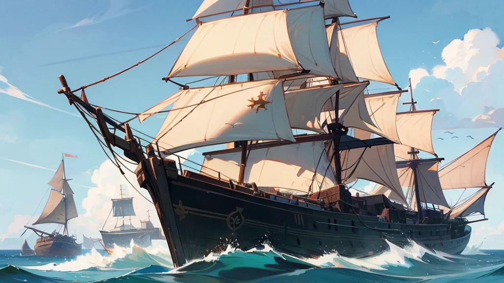 Ship, Medieval ship, Galeon, Sailing ship, open sea, clear sky, painting, one ship,