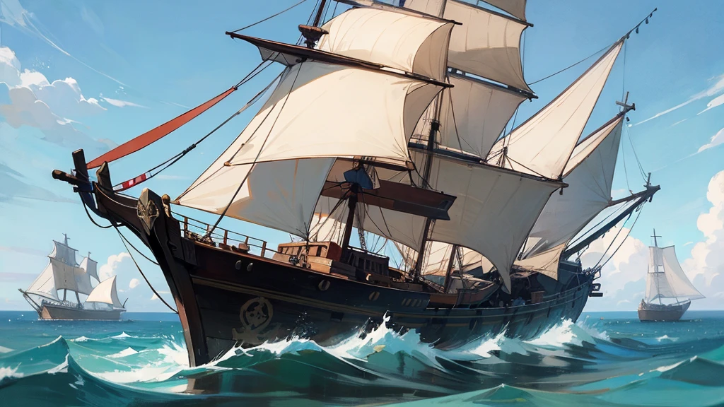 Ship, Medieval ship, Galeon, Sailing ship, open sea, clear sky, painting, one ship,