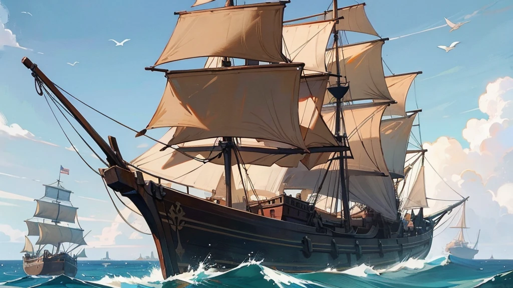 Ship, Medieval ship, Galeon, Sailing ship, open sea, clear sky, painting, one ship,